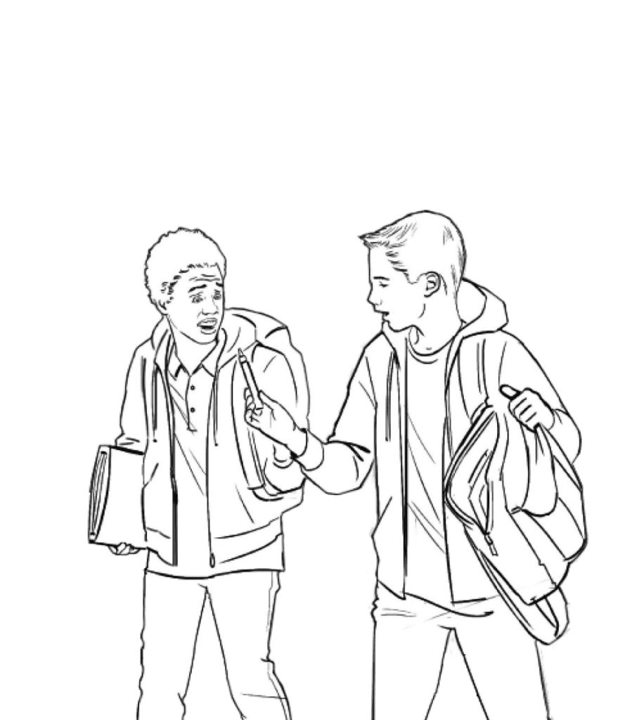 Illustration of two students with schoolbooks and backpacks talking. One student is holding a vaping device offering it to the other student.
