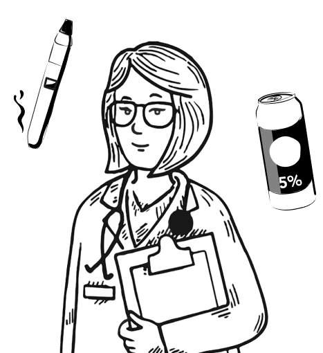 Illustration of a medical professional wearing a lab coat and a stethoscope and holding a clipboard. Around the professional are vaping and alcohol products.