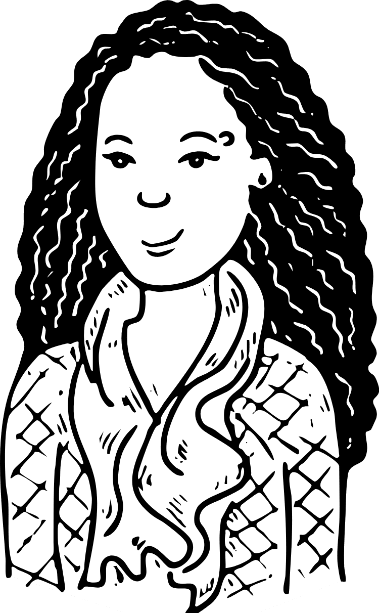 Illustration of student with long hair wearing a scarf.
