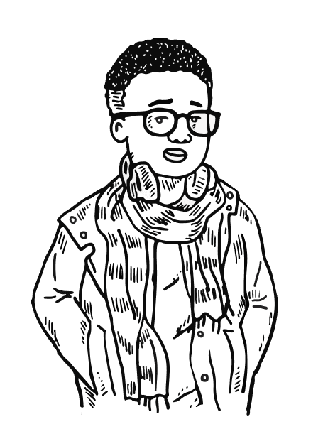 Illustration of a student wearing glasses and a scarf.