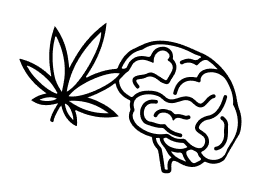 Illustration of a cannabis leaf next to a human brain.