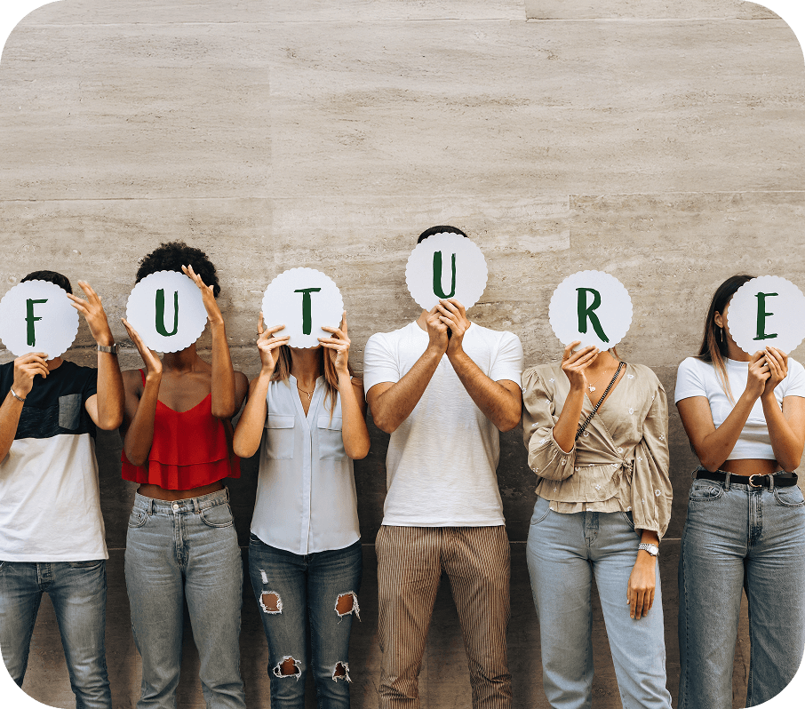 A group of young people holding signs that spell the word “FUTURE.”