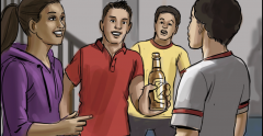 A teenager offering a bottle of beer to another teenager