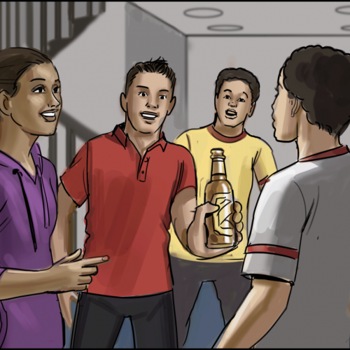 A teenager offering a bottle of beer to another teenager