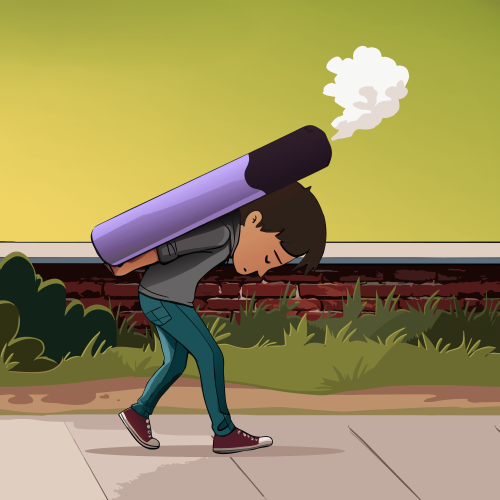 Illustration of a child carrying a large vape on their back