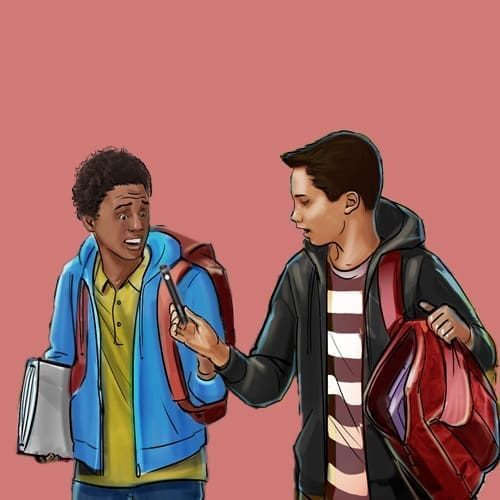 A school boy offering another boy a vape