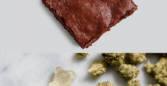 cannabis-consumables Images a baked brownie, gummy bears and dried cannabis.