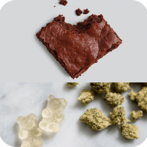cannabis-consumables Images a baked brownie, gummy bears and dried cannabis.