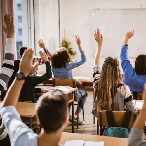 Rear view of large group of students raising their hands